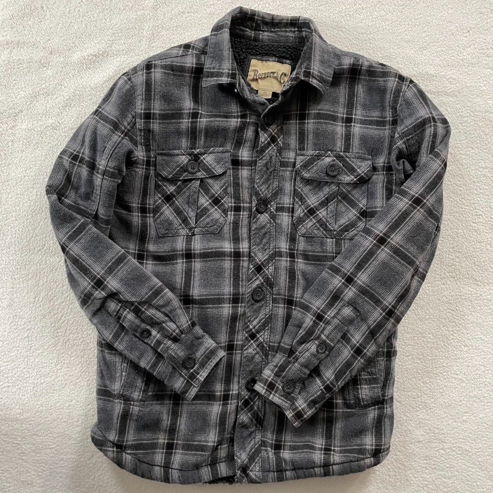 Roebuck & Co‎ Mens Shirt Jacket S Grey Plaid Sherpa Lined Flannel 4894263091662